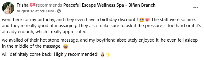 Facebook recommendation from Trisha about a birthday hot stone massage and friendly staff