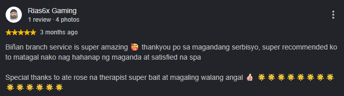 Google review calling the Biñan branch service super amazing and thanking therapist Rose