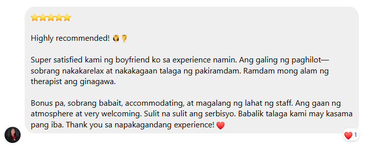 Five-star review praising the hilot, the staff and the welcoming atmosphere