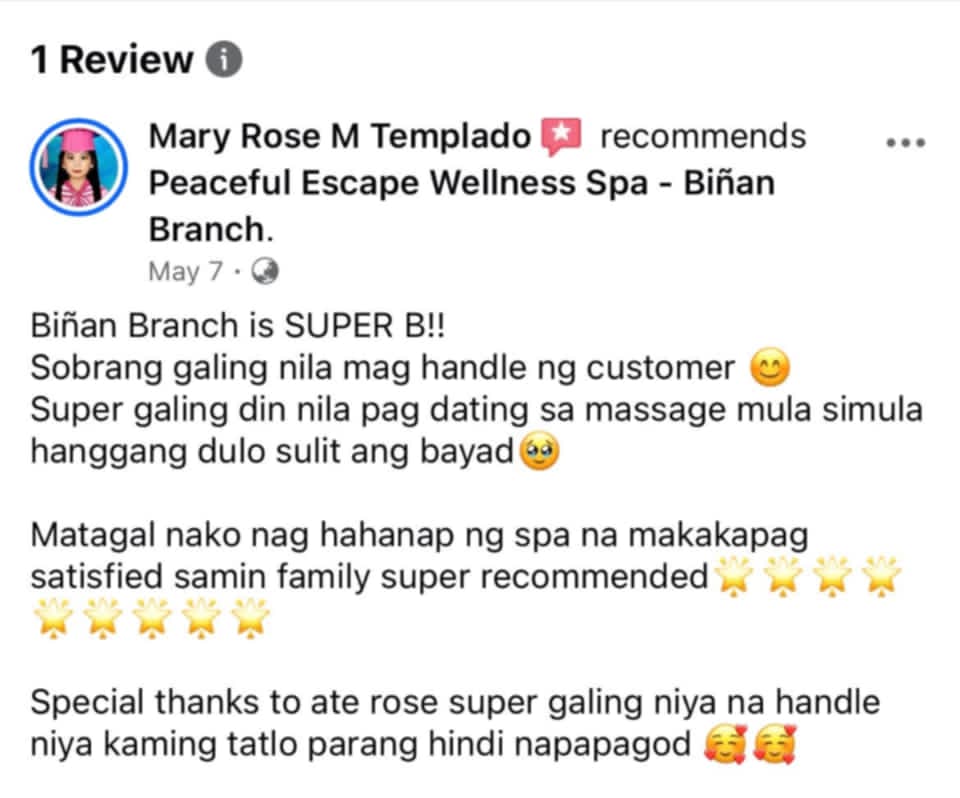 Facebook recommendation praising the Biñan branch and its therapists