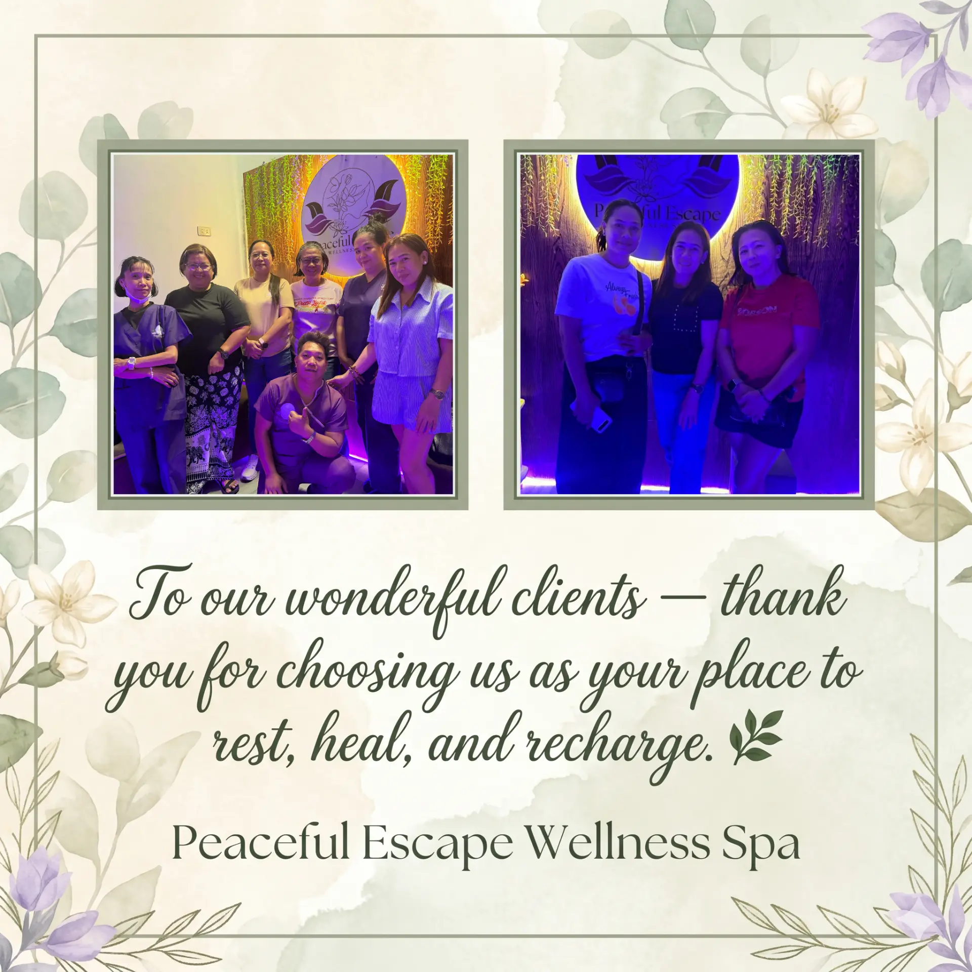 Thank you card to our wonderful clients for choosing us to rest, heal and recharge