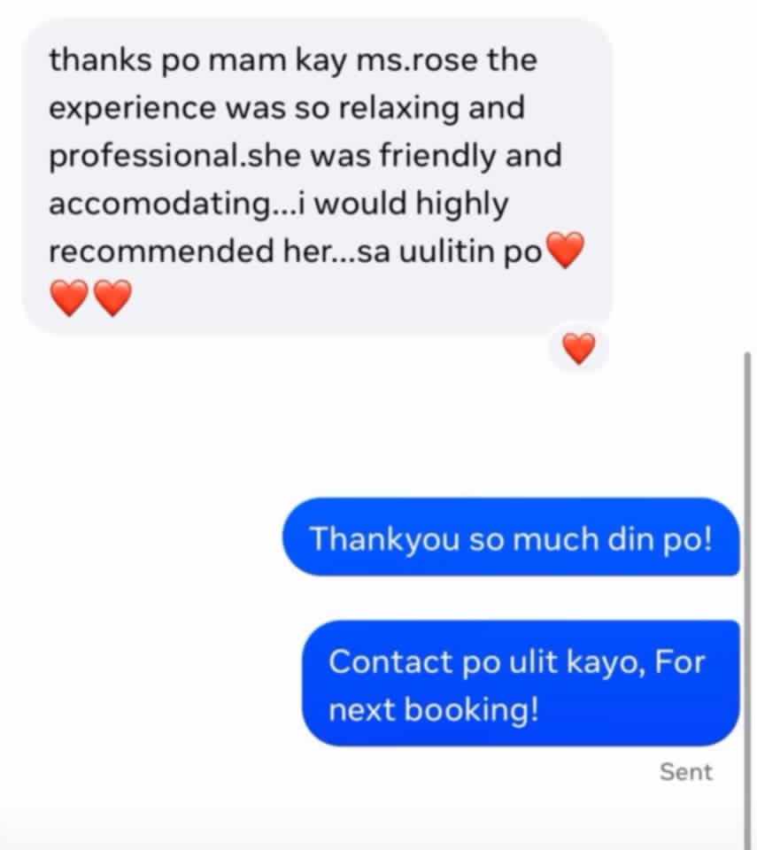 Guest message calling the massage relaxing and professional