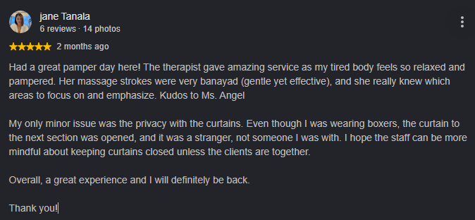 Google review from Jane Tanala praising therapist Angel's gentle, effective massage