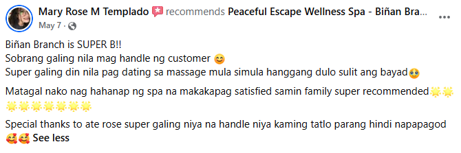 Facebook recommendation from Mary Rose calling the Biñan branch super B and thanking therapist Rose