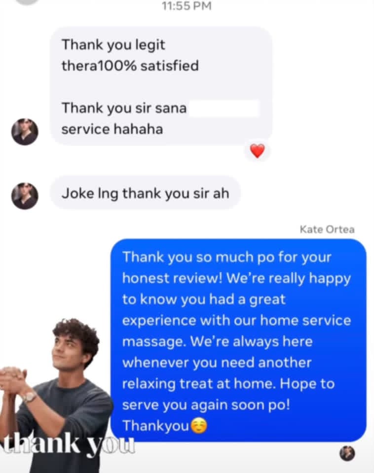 Guest saying they were 100 percent satisfied with the home service massage