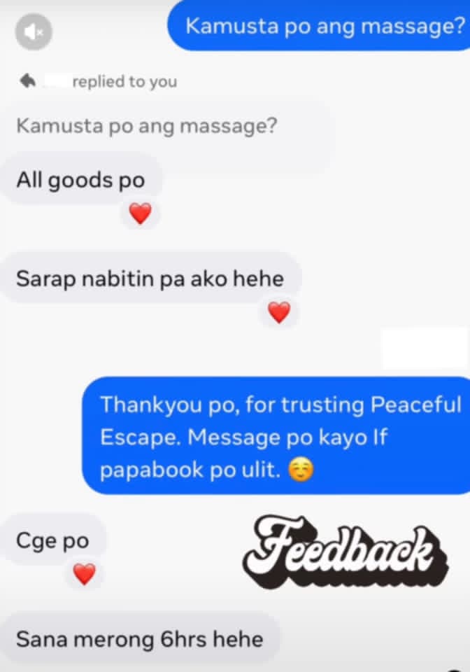 Guest reply saying all goods po after the massage