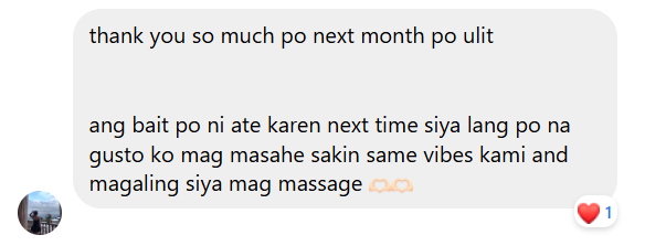 Guest praising therapist Karen and booking again next month